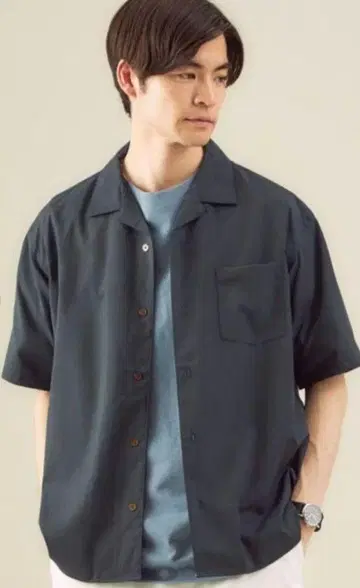 그린 라벨 릴랙싱 울 셔츠 네이비 그린 오픈 카라