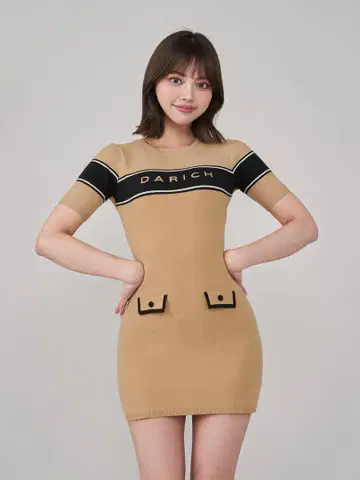 포켓 디자인 로고 니트 미니 원피스