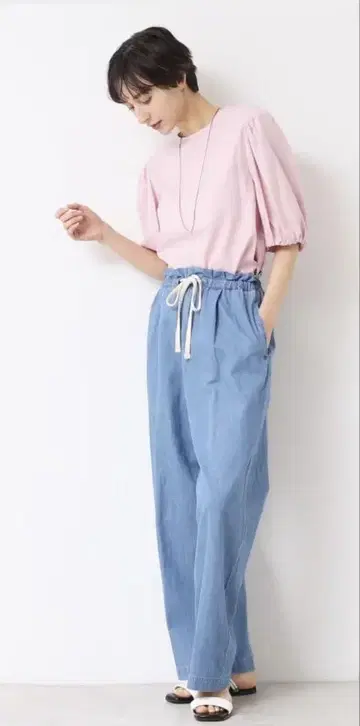 데셍 린넨 블렌드 데님풍 이지 팬츠 허리밴딩
