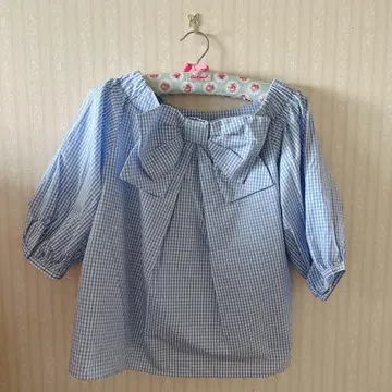 반팔 블라우스 셔츠 프랑슈리페 블랙 백 리본 깅엄 체크 무늬