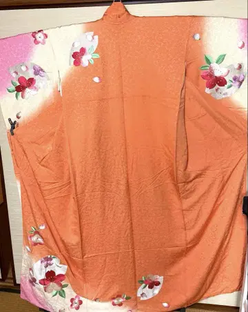 오렌지 벚꽃 자수 패턴 후리소데 기장 161