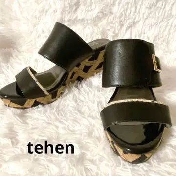 tehen 블랙 버클 웨지솔 샌들