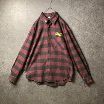 vintage 긴팔 셔츠 남성용 L 체크 무늬 레드 블랙 원포인트 로고