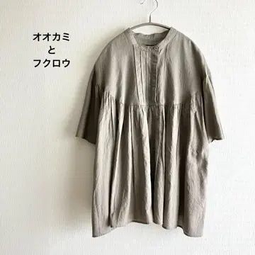 늑대와 올빼미 늑대와 검은 고양이의 탱고 베이지 브라운 반팔 블라우스 면