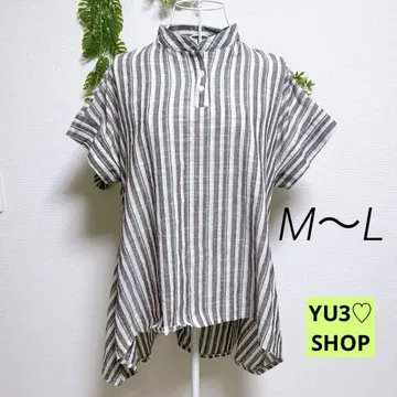 하나하나 반팔 셔츠 그레이 계열 하이 로우 헴 스트라이프 ML