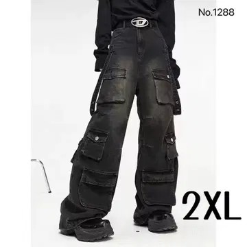 카고 팬츠 블랙 2XL 사이드 벨트 포켓 와이드 팬츠 지하인