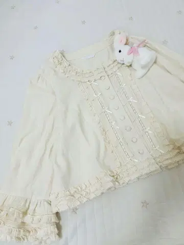 핑크하우스 면 자켓 블라우스 사다리 리본 노카라 피코 프릴