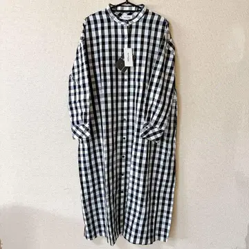 택 포함 새상품 롱 원피스 깅엄 체크 긴팔 블랙 네이비 반슈 오리