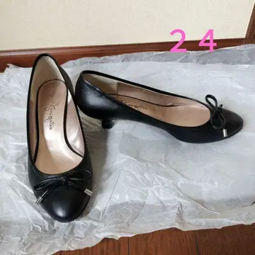 긴자 카네마츠 리본 포함 블랙 가죽 펌프스 24cm