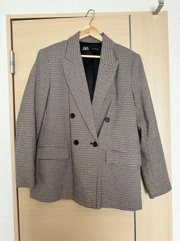 자라 체크 무늬 더블 브레스트 테일러드 자켓