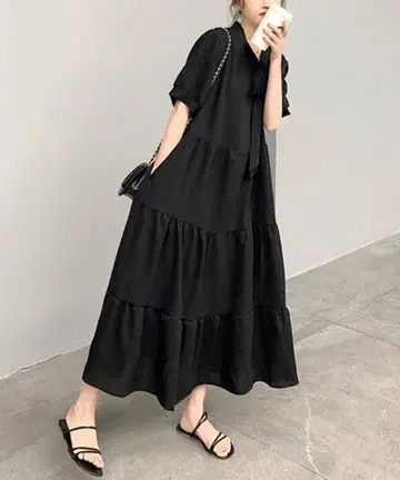 리본 타이 티어드 원피스 종아리 기장 블랙