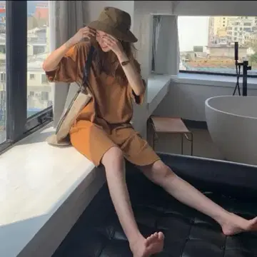 심플 무릎 기장 롱 원피스 캐주얼 티셔츠 반팔 여름 반팔