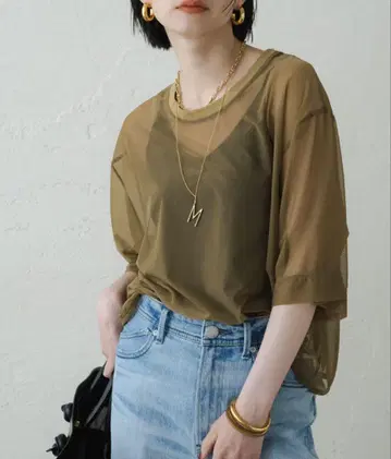 라운지 드레스 시스루 반팔 티셔츠 베이지