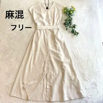 베이지 슬리브리스 롱 원피스 마 혼방 베이지 V넥 앞면 버튼 F