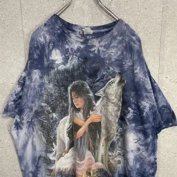 GILDAN 울프 늑대 풍경 프린트 애니멀 타이다이 티셔츠 2XL