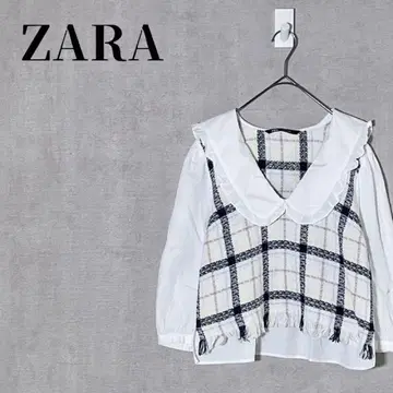 ZARA 자라 트위드 절개 7부 소매 블라우스 빅 프릴 칼라 사이즈 M