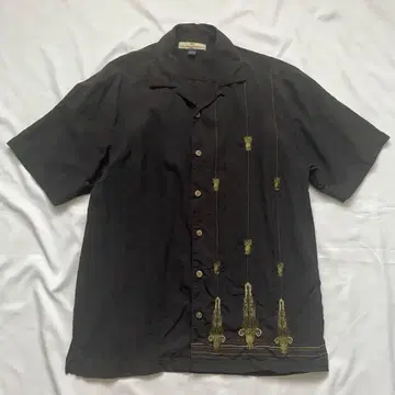 Tommy Bahama 실크 셔츠 S 블랙 오픈 카라 자수