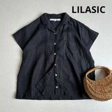 LILASIC 100% 린넨 반팔 셔츠 오픈 카라 블라우스 L