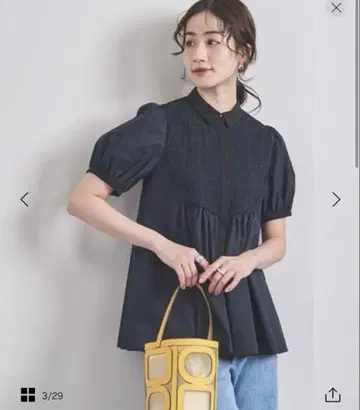 UNITED ARROWS 자수 콤비 숏 슬리브 블라우스