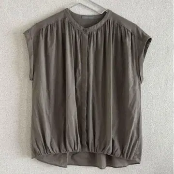 띠어리 럭스 프렌치 슬리브 블라우스 밴드 카라 노카라 개더