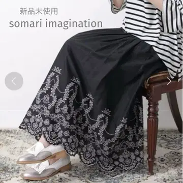 신상품! somari 배색 자수 스캘럽 레이스 개더 스커트 오샤레 워커