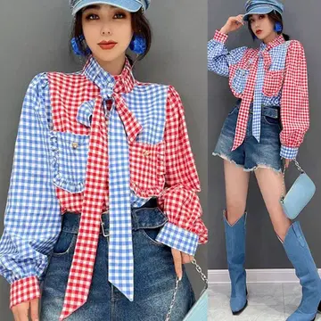 체크 무늬 리본 포함 긴팔 셔츠