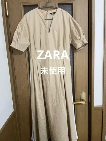 미사용 자라 베이지 셔츠 원피스 반팔 롱 쉬폰 플리츠