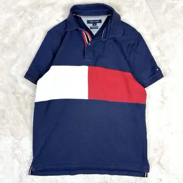 TOMMY 타미힐피거 M 피케 셔츠 반팔 플래그 로고 자수 배색