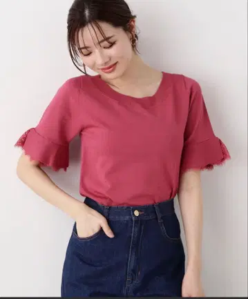 프로포션 바디 드레싱 레이스 플레어 슬리브 니트 핑크(빨간색 계열)