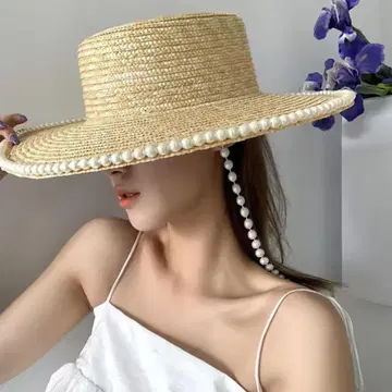 펄 장식 베이지 밀짚모자