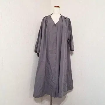 JUNOAH V넥 셔츠 원피스 롱 기장 그레이 체형 커버 면100%