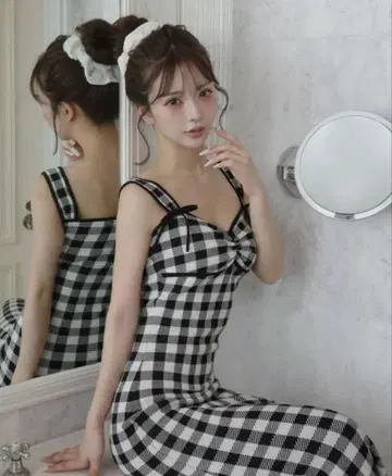 다리치 깅엄 자카드 니트 롱 원피스