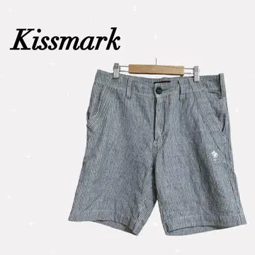 키스 마크 [M] 데님 팬츠 스트라이프 하프 팬츠 로고 자수 캐주얼