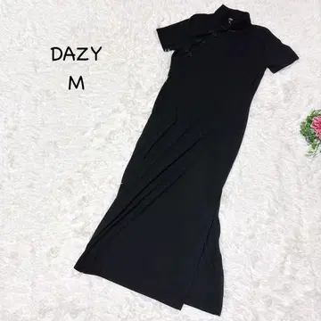DAZY 블랙 차이나 드레스 M 꽃무늬 단추 리브 니트 세탁 가능 슬림