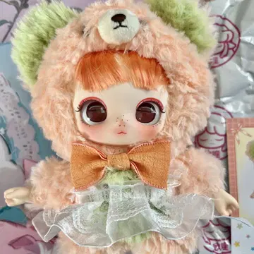 묘필 생화 봉제 인형 오렌지 곰