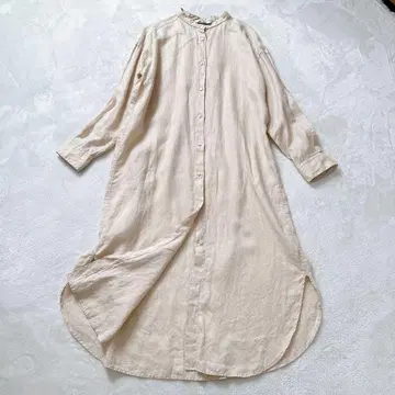 프레임워크 린넨 롱 셔츠 원피스 밴드 카라 베이지