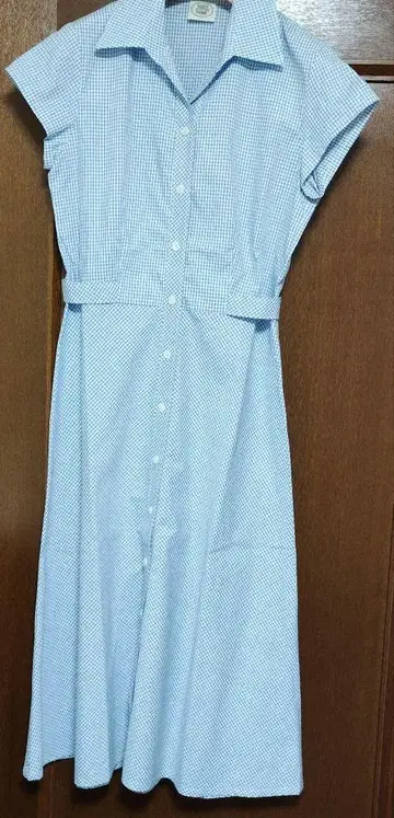 스카이블루 체크 무늬 셔츠 원피스 반팔