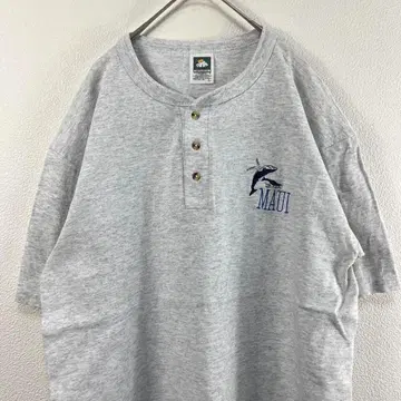 USA제 90s maui 고래 자수 싱글 스티치 헨리넥 티셔츠