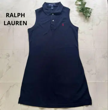 RALPH LAUREN 피케 셔츠 슬리브리스 원피스 호스 자수 M 네이비