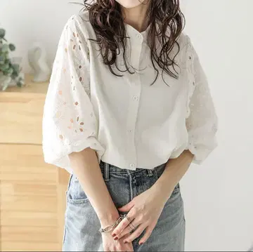 상의 블라우스 코튼 레이스 컷워크 퍼프 소매 자수 밴드 카라