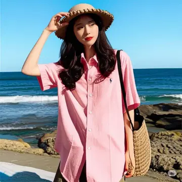 폴로 바이 랄프 로렌 핑크 린넨 실크 반팔 셔츠 M