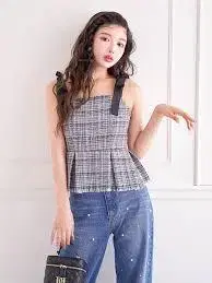 Darich 리본 트위드 페플럼 탑