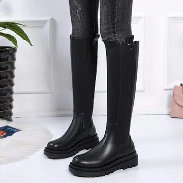 블랙 롱 부츠 통굽 밑창