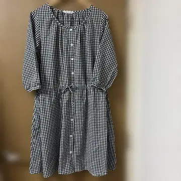 사만다 모스모스 블루 깅엄 체크 면 린넨 프론트 오픈 원피스