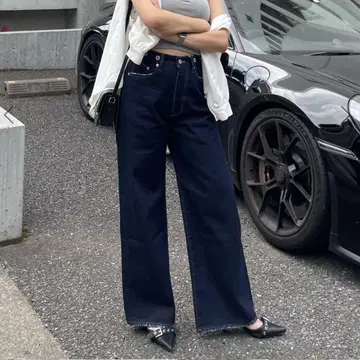블랙 와이드 레그 데님 LA 로고 자수