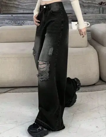미사용 새상품 데님 팬츠 블랙 청바지 데미지 진 XL