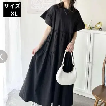 티어드 롱 원피스 반팔 블랙 사이즈 XL