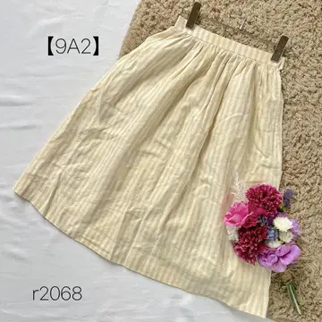 린넨 면 린넨 무릎 기장 스커트 개더 스커트 스트라이프 베이지 [9A2]