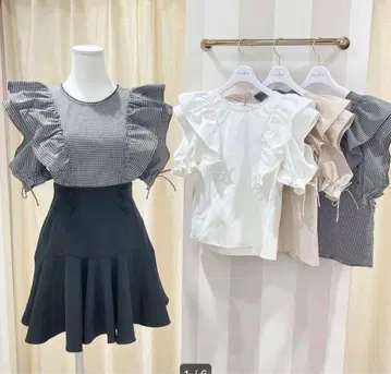 evelyn 프릴이 달린 반팔 블라우스 베이지 계열 체크