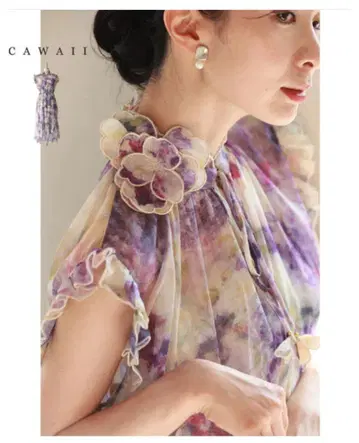 CAWAII 꽃 장식 넥의 로맨틱 쉬폰 원피스